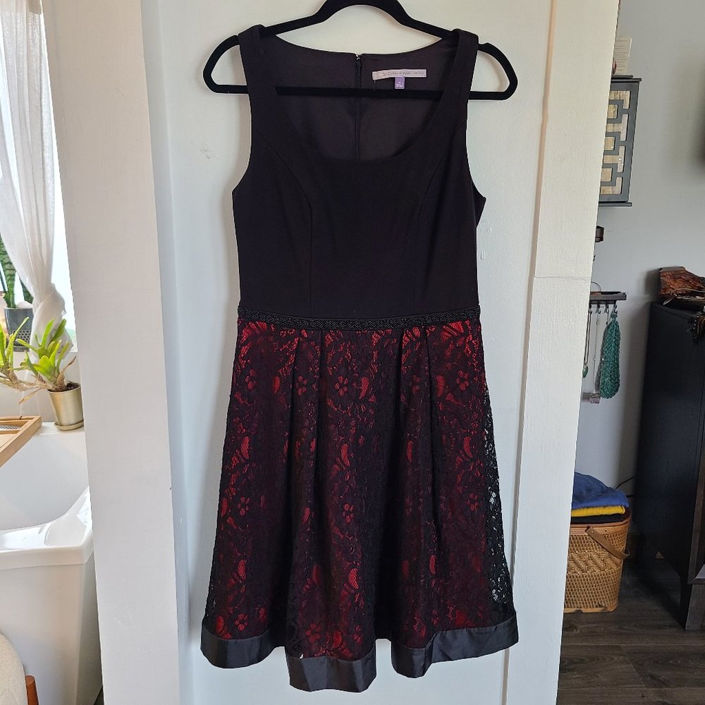 Sleeveless Black Dress with Lace Skirt with Red Underskirt Beaded Empire Waist